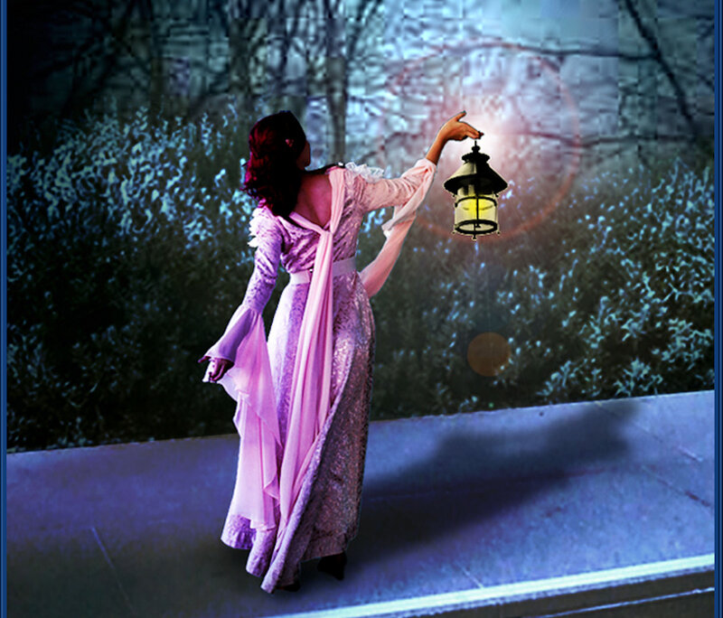Woman Holding Lantern — Purple, Mysterious, Night, Digital Art