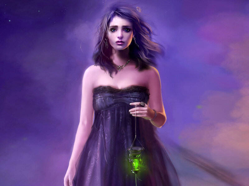 Woman Holding Lantern — Purple, Mysterious