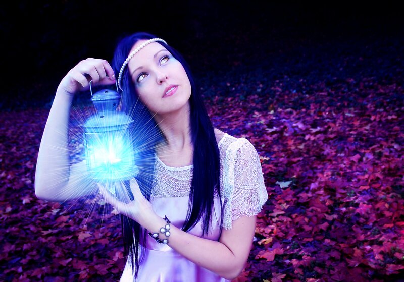 Woman Holding Lantern — Purple, Mystical, Night, Photograph
