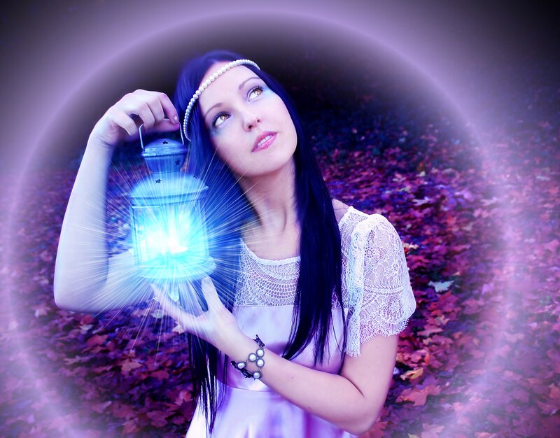 Woman Holding Lantern — Purple, Mystical, Night
