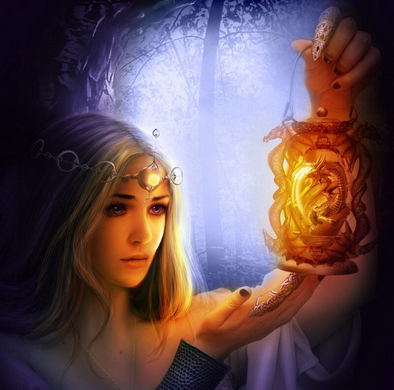 Woman Holding Lantern — Purple, Mystical