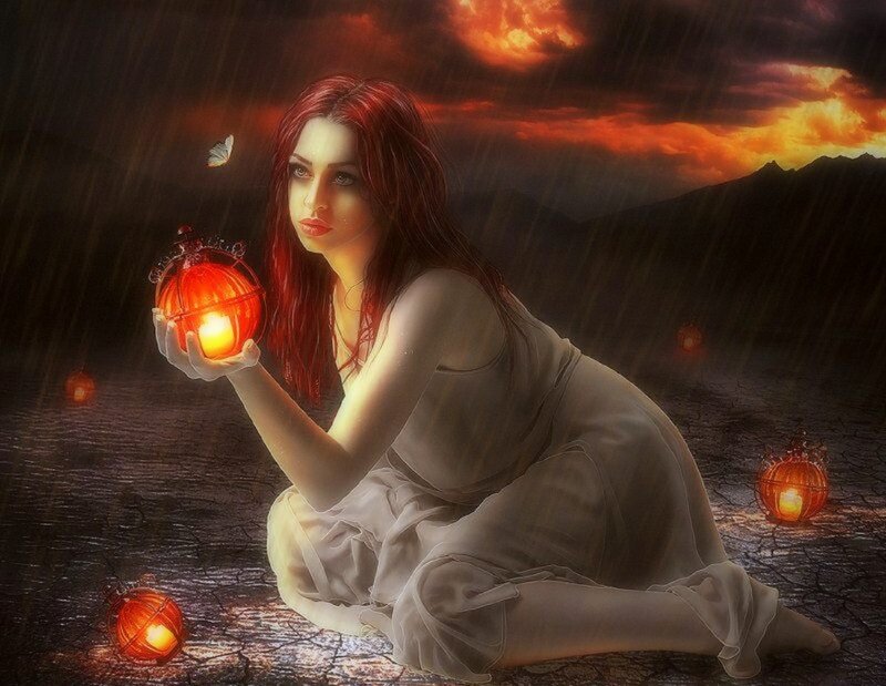 Woman Holding Lantern — Red, Dramatic, Night