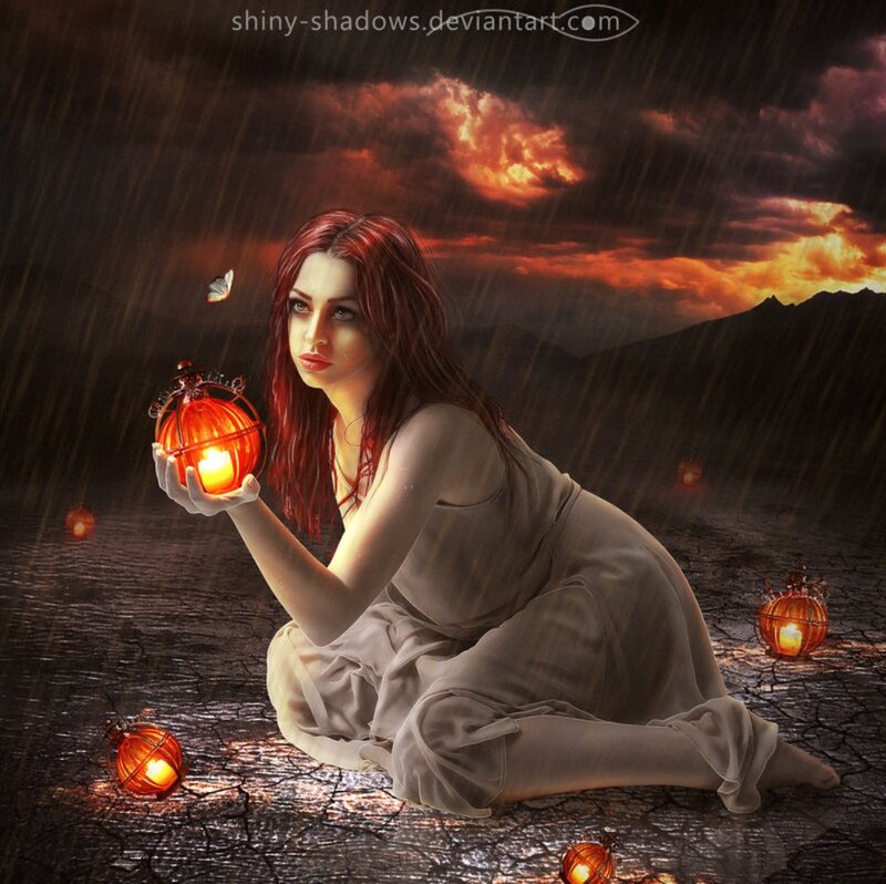 Woman Holding Lantern — Red, Dramatic