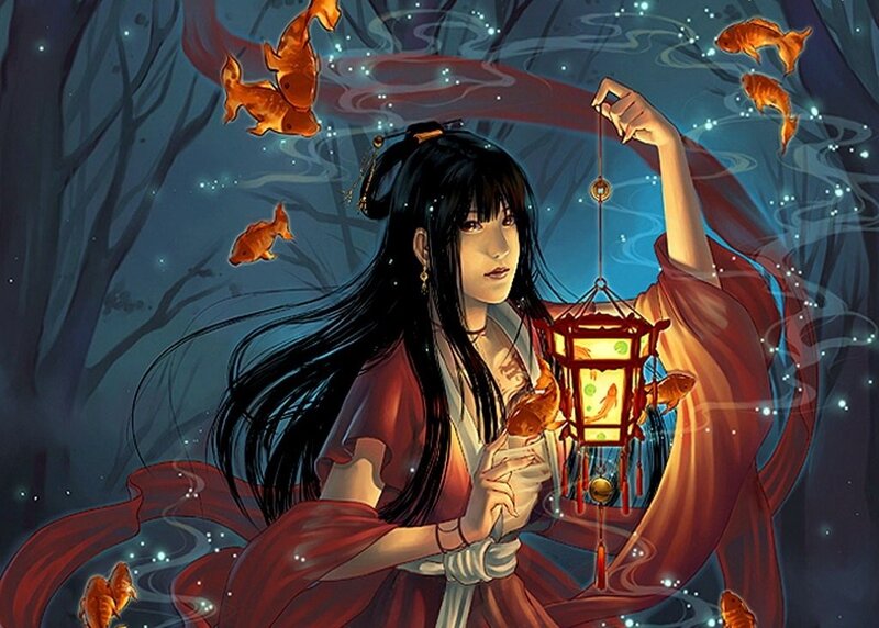 Woman Holding Lantern — Red