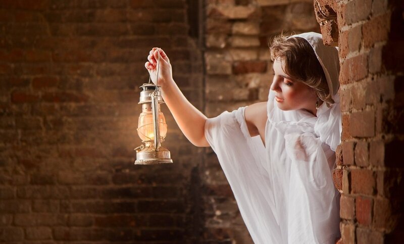 Woman Holding Lantern — White, Dramatic, Night