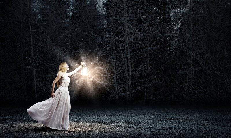 Woman Holding Lantern — White, Dramatic