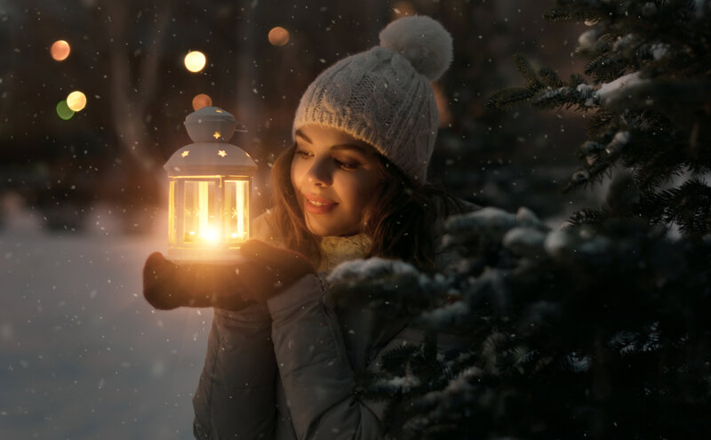 Woman Holding Lantern — White, Serene