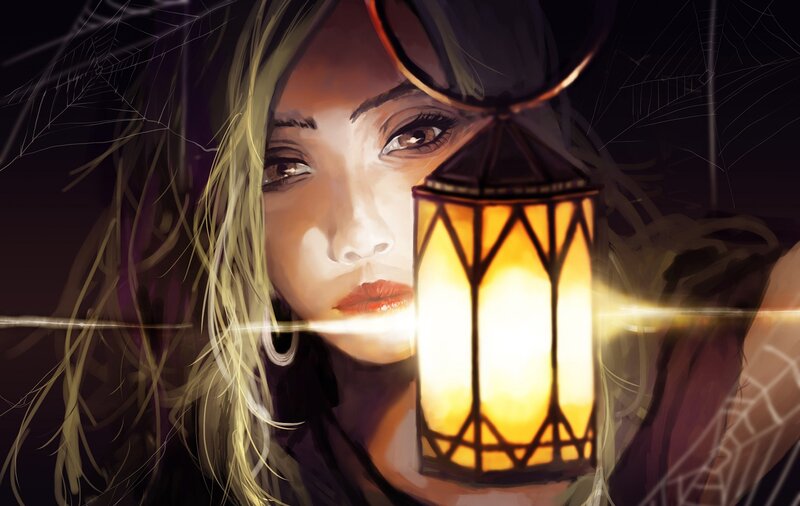 Woman Holding Lantern — Yellow, Dramatic