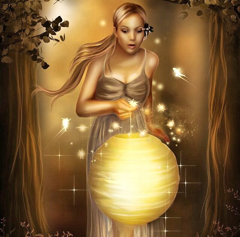Woman Holding Lantern — Yellow, Magical