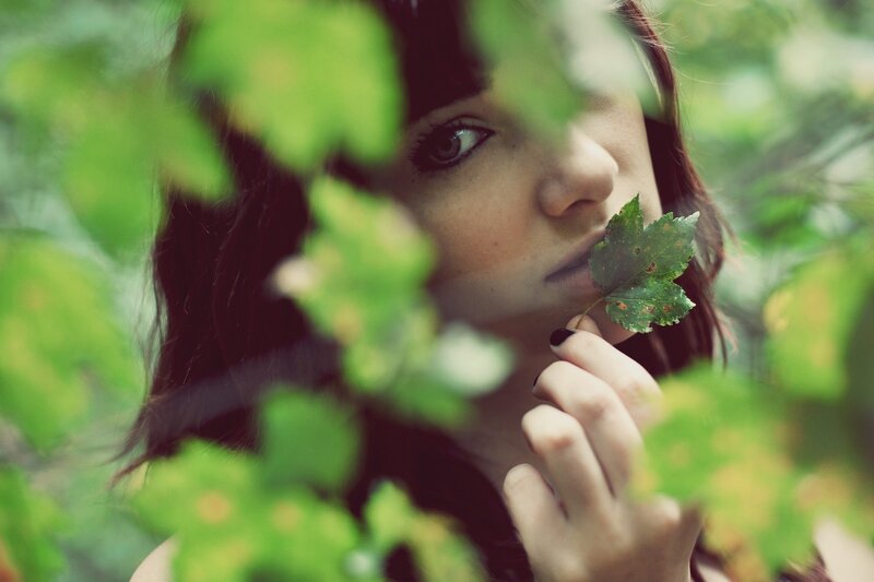 Woman Holding Leaf — Green, Natural, Photograph