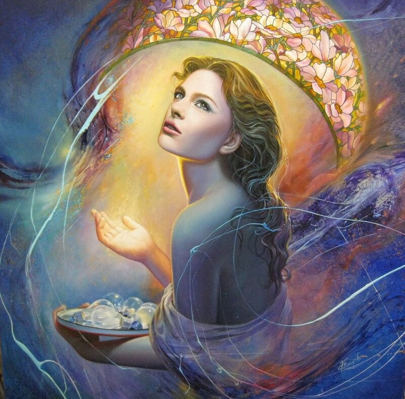 Woman Holding Light Bulbs — Blue