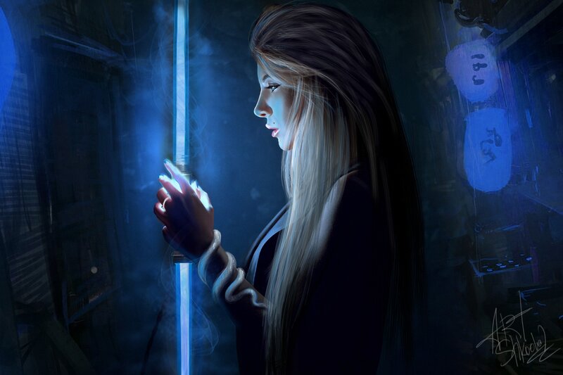 Woman Holding Lightsaber — Blue, Dramatic, Night