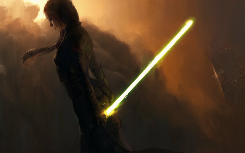 Woman Holding Lightsaber — Green