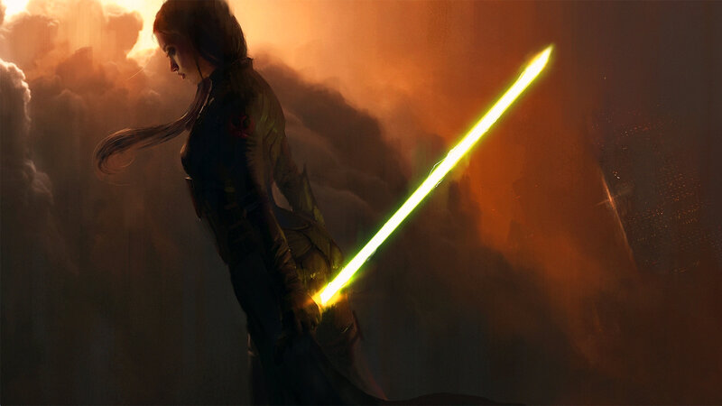 Woman Holding Lightsaber — Orange
