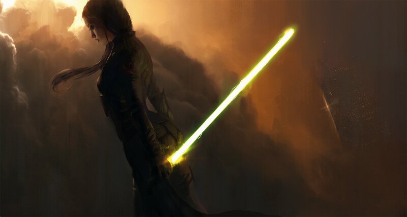 Woman Holding Lightsaber — Yellow