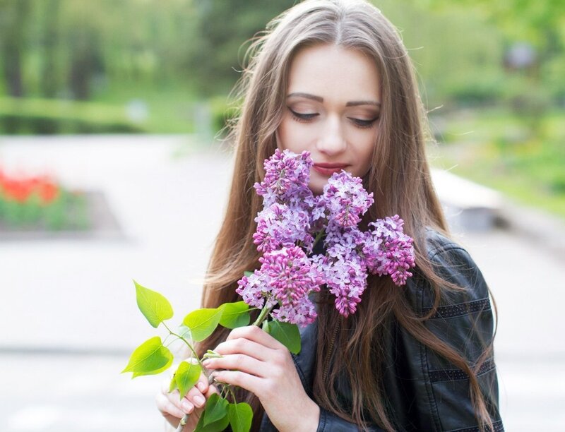 Woman Holding Lilacs — Purple, Serene, Spring, Photograph