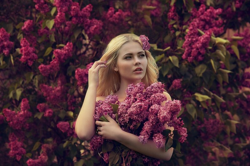 Woman Holding Lilacs — Purple