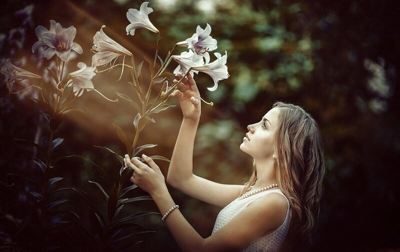 Woman Holding Lilies — White
