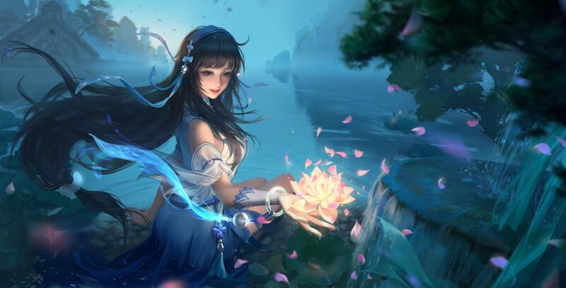 Woman Holding Lotus Flower — Blue, Serene, Digital Art, Lotus Flower