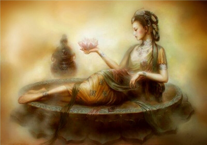 Woman Holding Lotus Flower — Gold