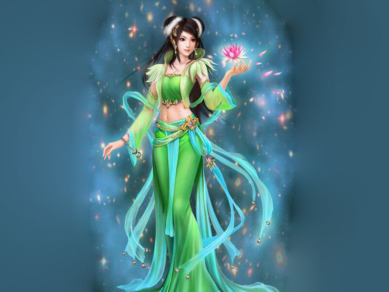 Woman Holding Lotus Flower — Green, Serene, Digital Art
