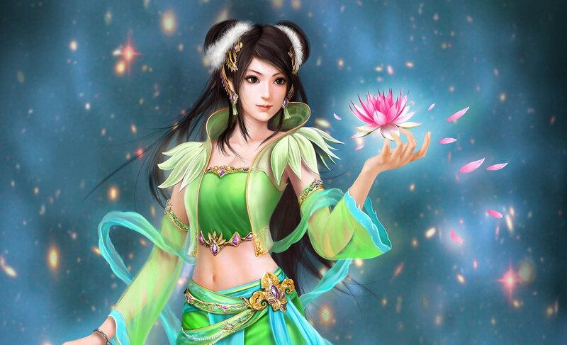 Woman Holding Lotus Flower — Green, Serene, Night