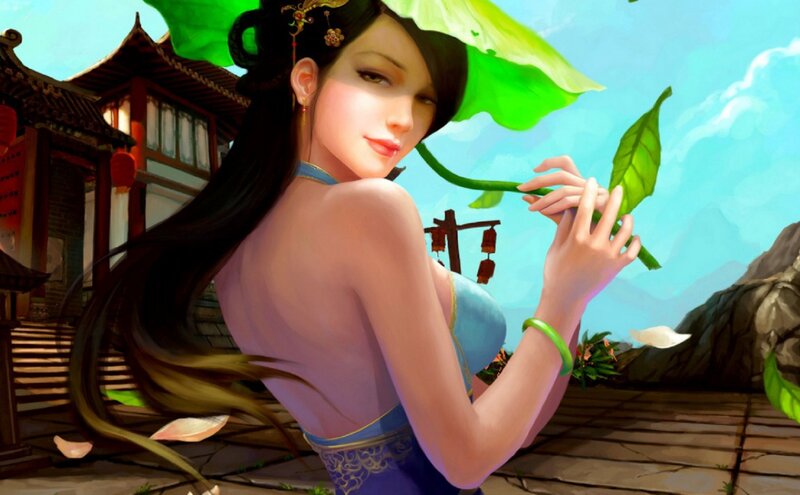 Woman Holding Lotus Leaf — Blue