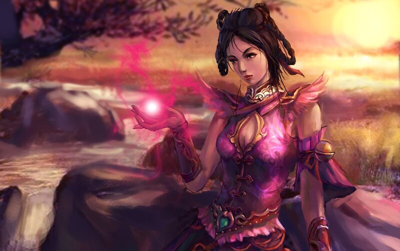 Woman Holding Magic Orb — Purple, Dramatic, Sunset, Digital Art