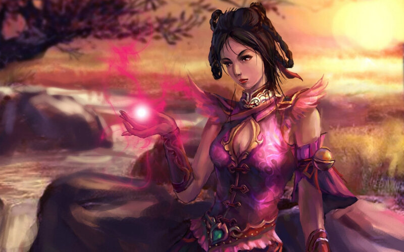 Woman Holding Magic Orb — Purple, Dramatic, Sunset