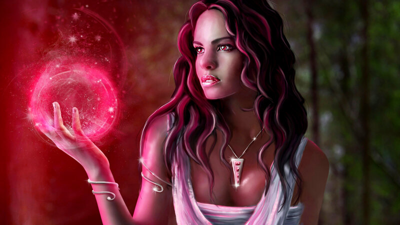 Woman Holding Magic Orb — Red, Dramatic, Digital Art, Forest