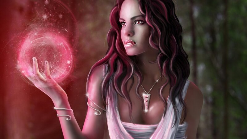 Woman Holding Magic Orb — Red, Dramatic, Digital Art