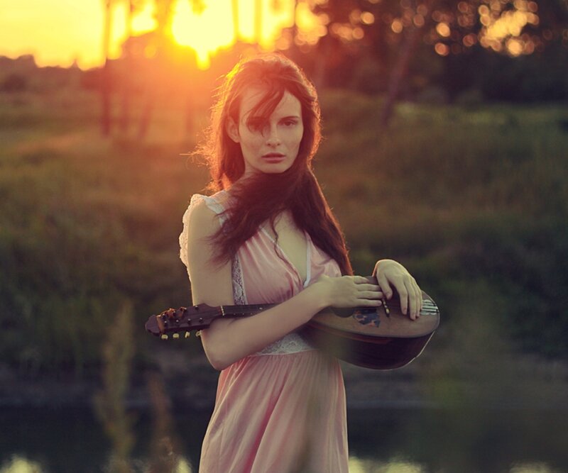 Woman Holding Mandolin — Pink