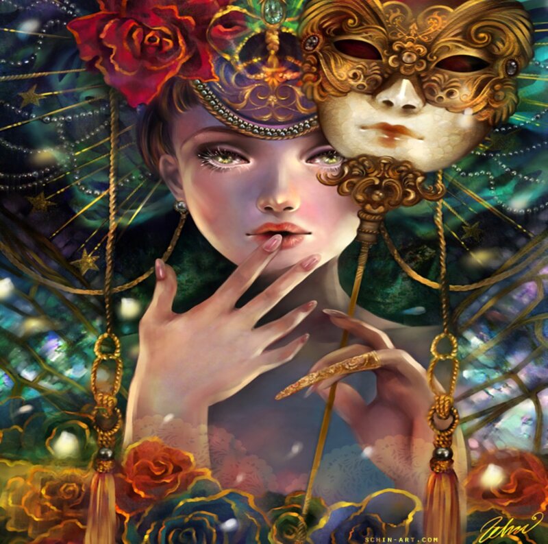 Woman Holding Mask — Green, Dramatic, Digital Art, Rose