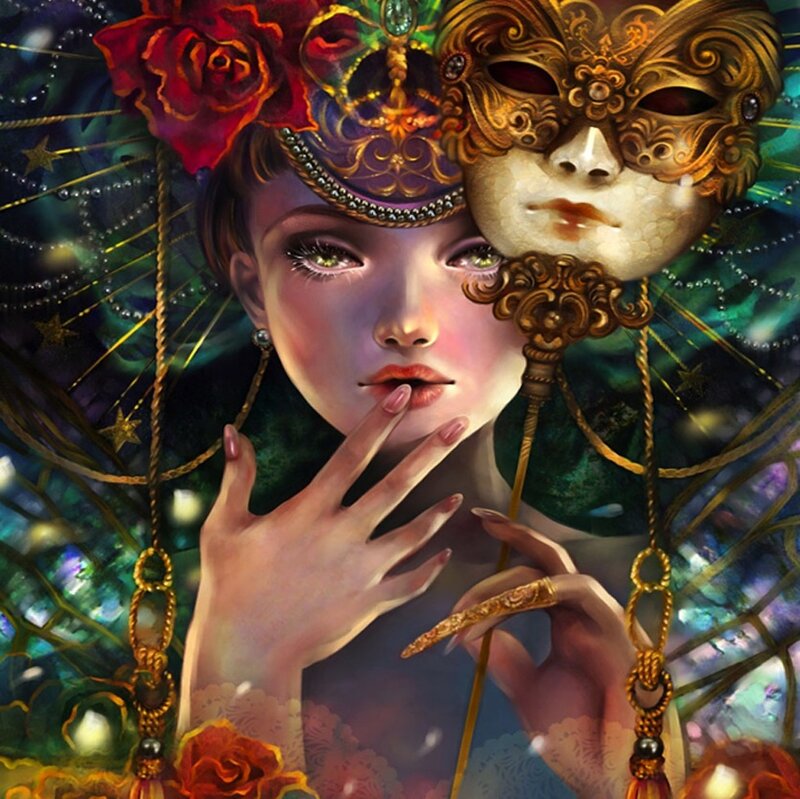 Woman Holding Mask — Green, Dramatic, Digital Art