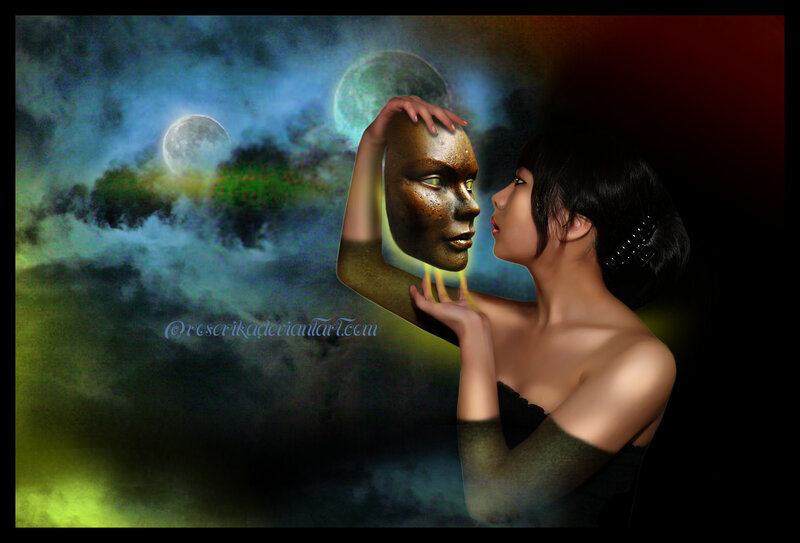 Woman Holding Mask — Green, Dramatic, Night