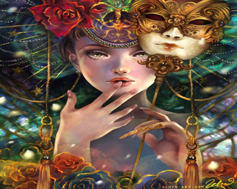 Woman Holding Mask — Green, Dramatic