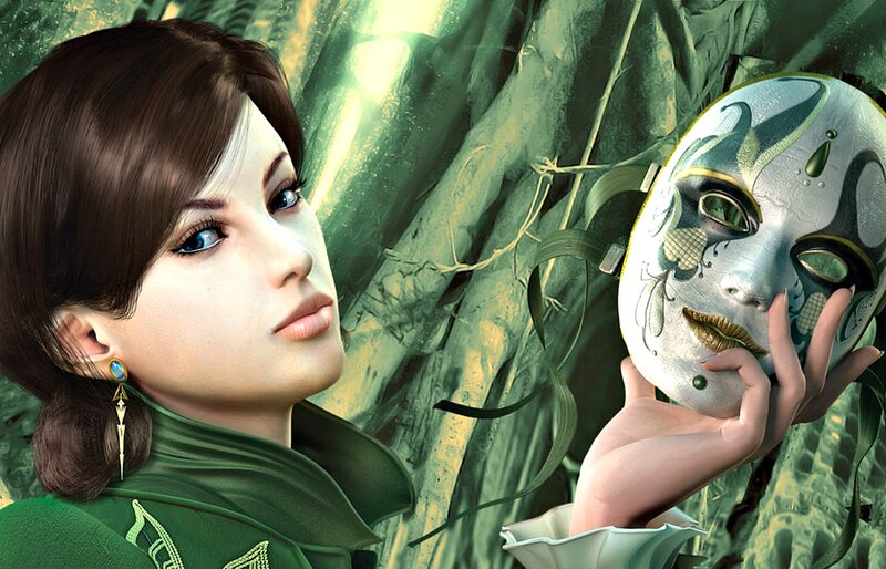 Woman Holding Mask — Green, Mysterious, 3d Render