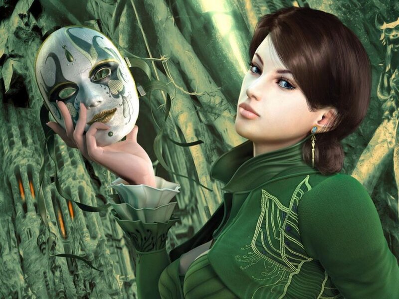 Woman Holding Mask — Green