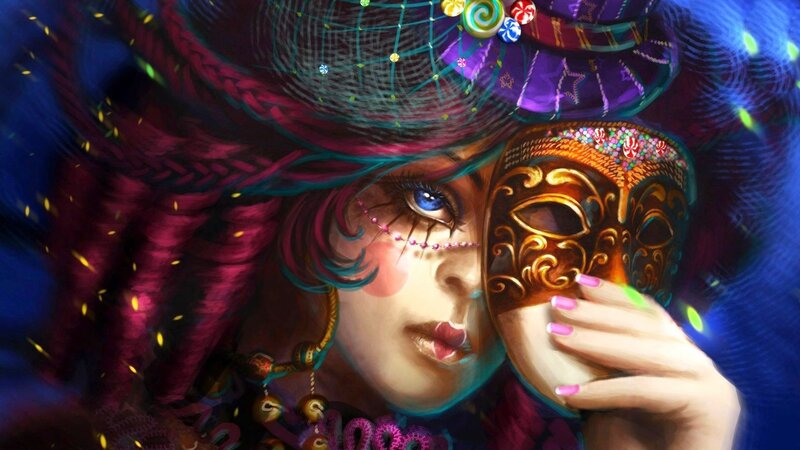 Woman Holding Mask — Purple, Dramatic, Digital Art