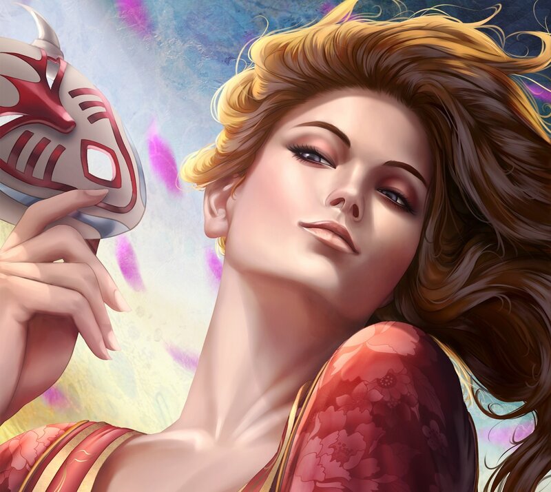 Woman Holding Mask — Red, Dramatic, Digital Art