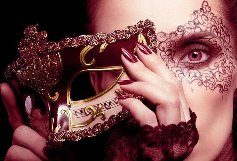 Woman Holding Mask — Red, Dramatic