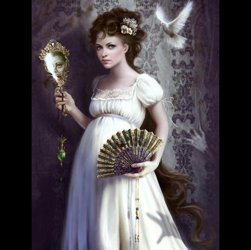 Woman Holding Mirror and Fan