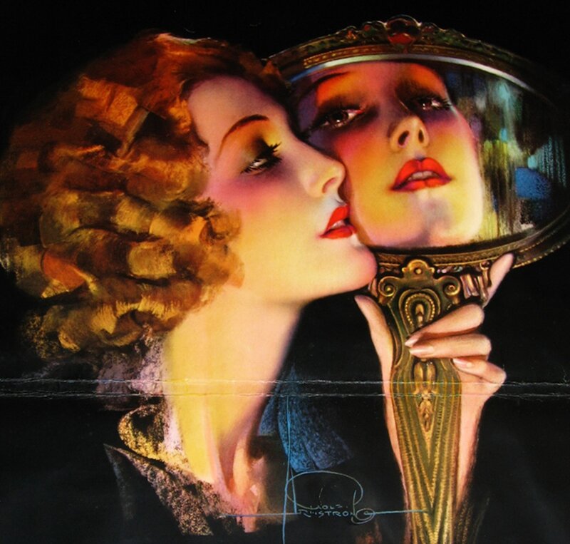 Woman Holding Mirror — Black, Dramatic, Night