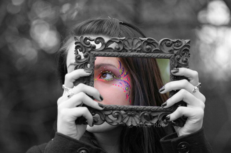 Woman Holding Mirror — Black, Dramatic, Photograph, Face Paint
