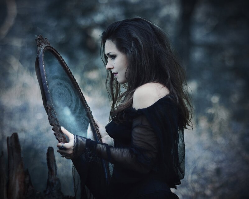 Woman Holding Mirror — Black, Dramatic, Photograph, Forest