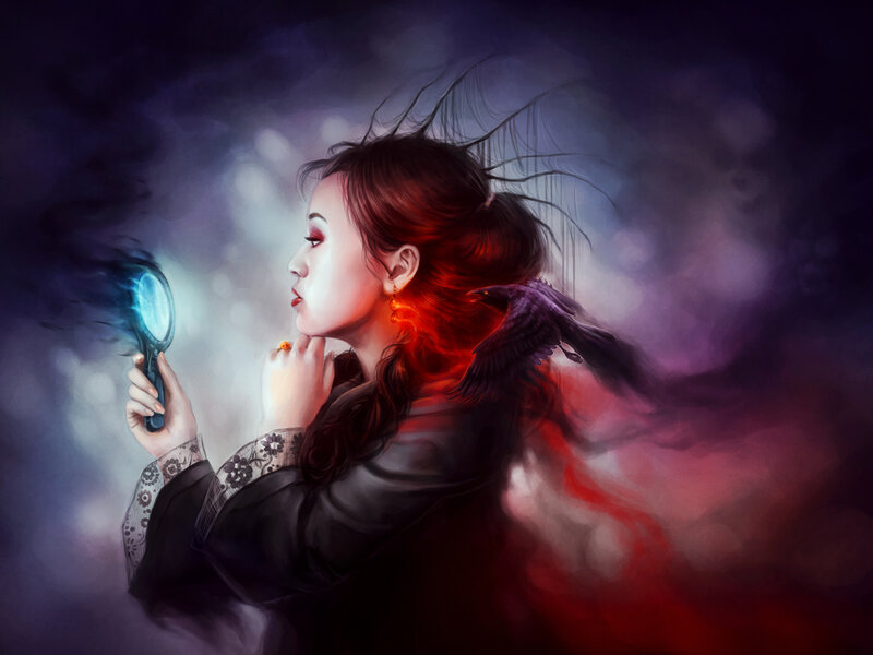 Woman Holding Mirror — Black, Dramatic