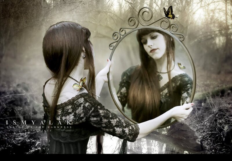 Woman Holding Mirror — Black, Mysterious