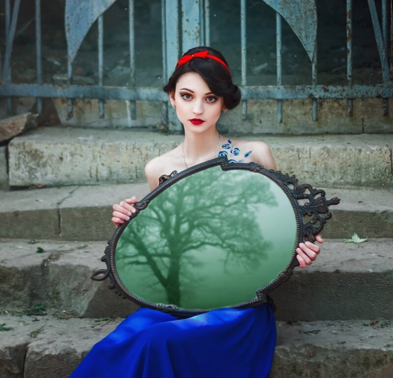 Woman Holding Mirror — Blue, Dramatic