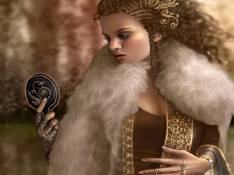 Woman Holding Mirror — Brown, Dramatic