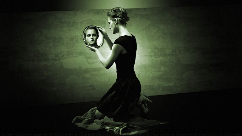Woman Holding Mirror — Green, Dramatic, Digital Art